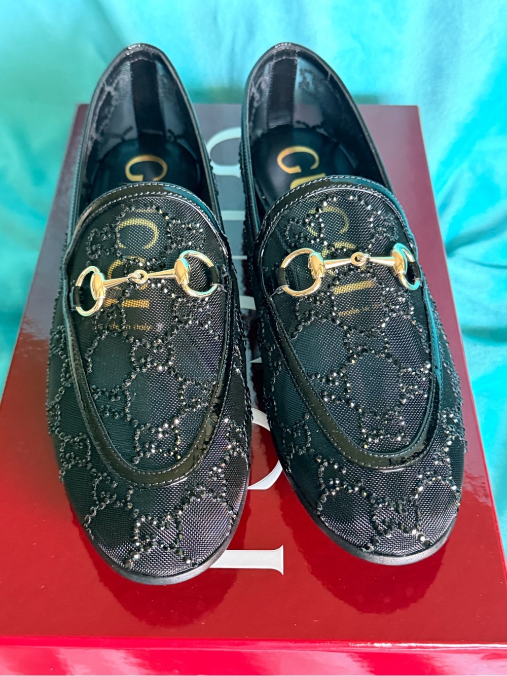Gucci Black Beaded GG Canvas Horsebit Loafers